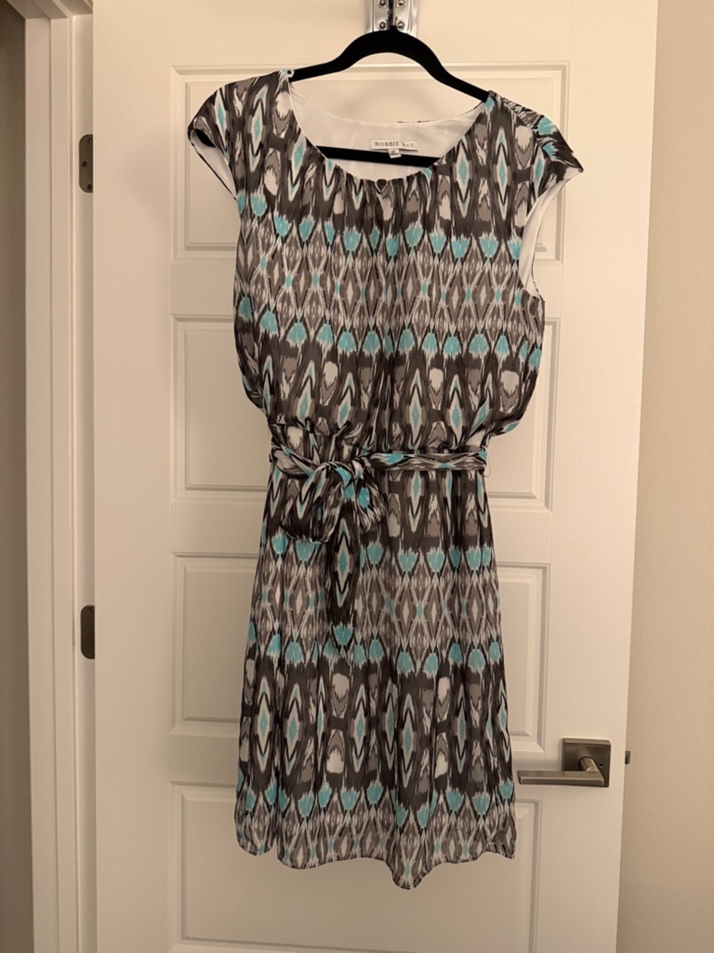 Robbie Bee Teal and Gray Printed Cap-Sleeve Midi Dress